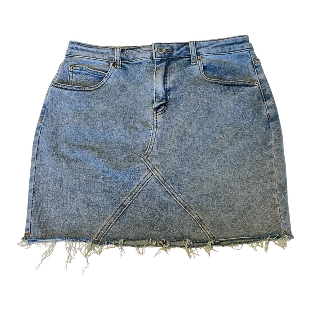 Just Quella Denim Mini Skirt XL (16/18) Raw Hem High Rise Jean Skirt